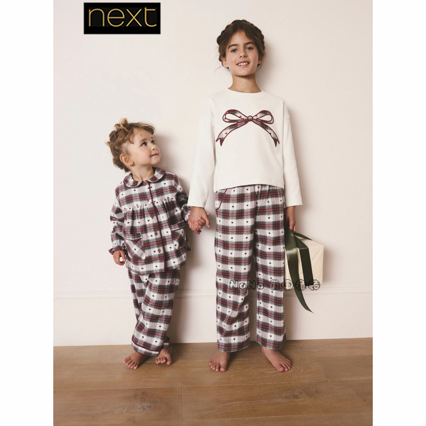 英国Next女大童亲子格子蝴蝶结长袖家居服睡衣长裤3-16岁F62-989