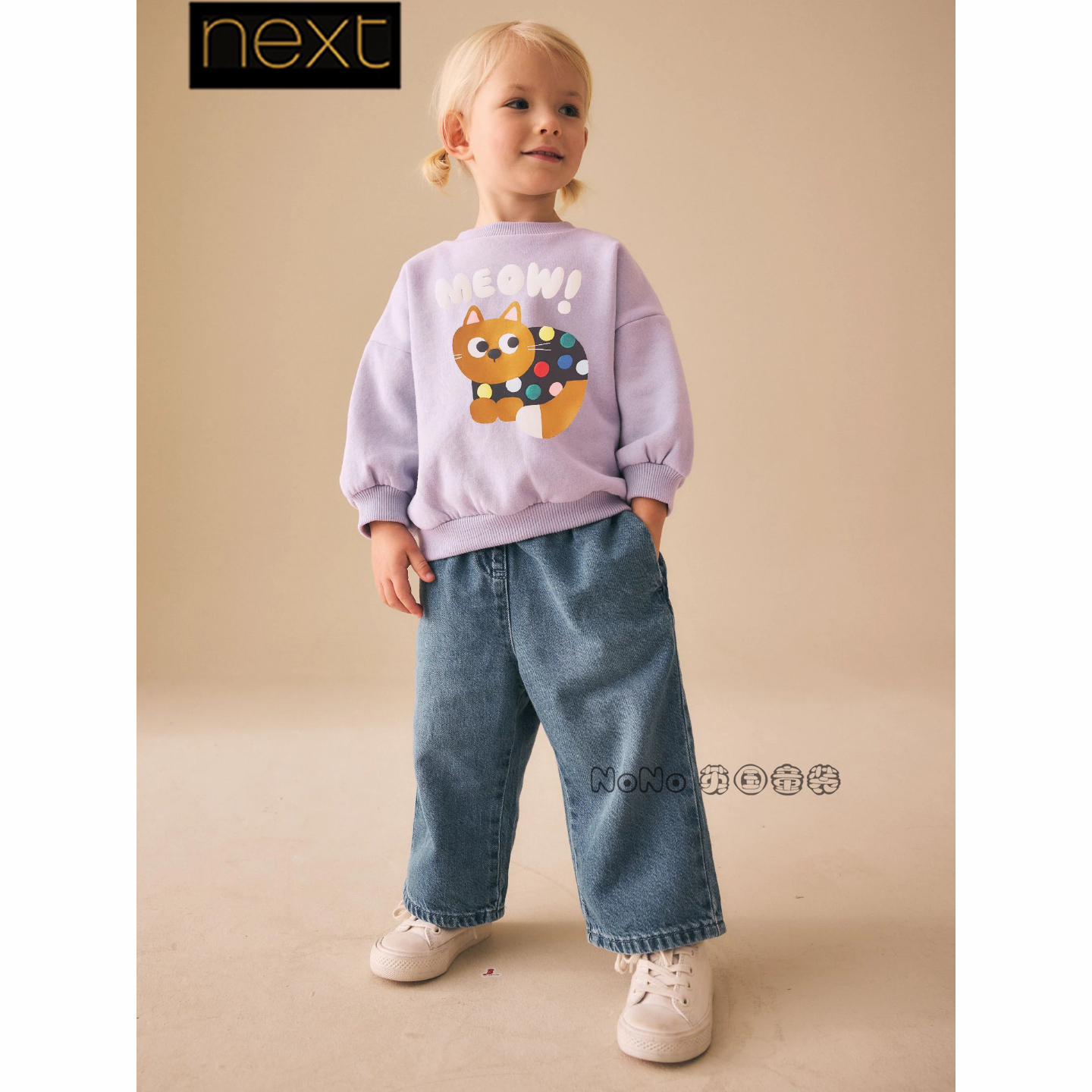 英国Next代购女童淡紫色猫咪卡通卫衣运动衫套头圆领1-7岁G74-346