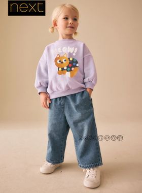 英国Next代购女童淡紫色猫咪卡通卫衣运动衫套头圆领1-7岁G74-346