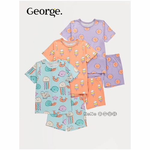 英国乔治George女童海洋冰淇淋章鱼短袖家居服睡衣裤纯棉1403119