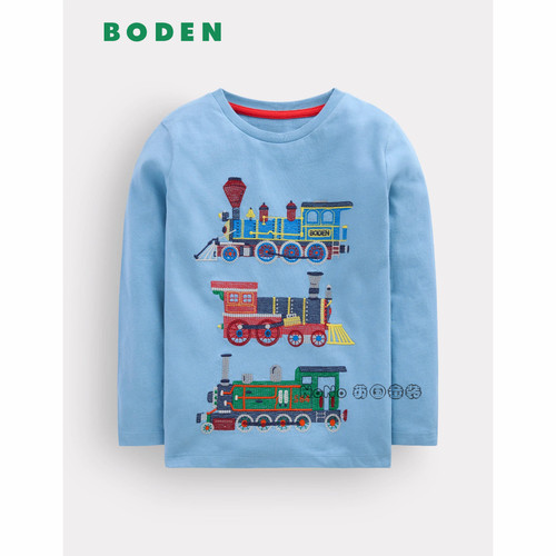 英国Mini BODEN男童浅蓝色火车刺绣长袖T恤纯棉2-12岁新款B3051