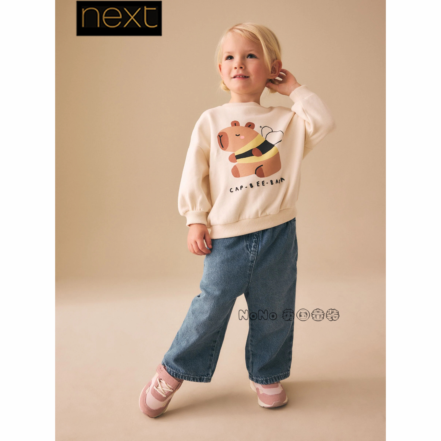 英国Next代购女童乳白卡皮巴拉蜜蜂卫衣运动衫圆领1-7岁G74-341