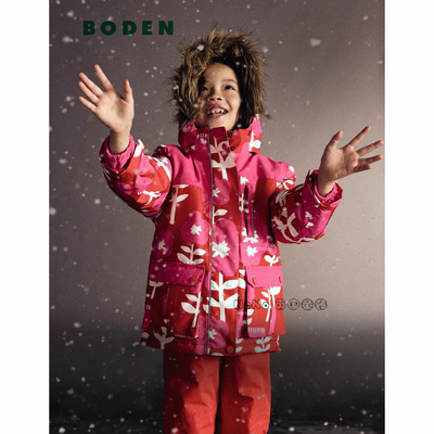 代购英国Mini BODEN女童粉红色花朵防雨雪外套棉服加厚棉衣G5566