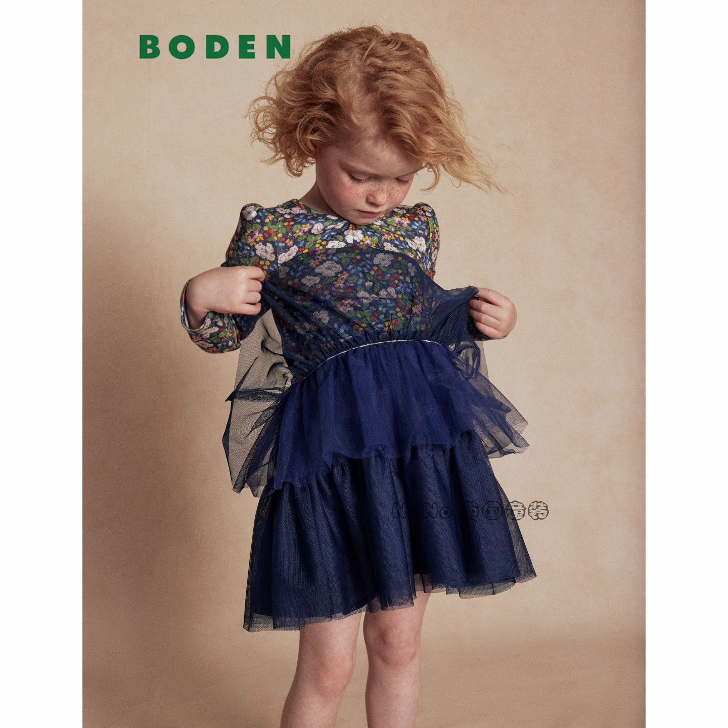 英国Mini Boden女童蓝色碎花网纱tutu长袖连衣裙纯棉2-12岁G5557