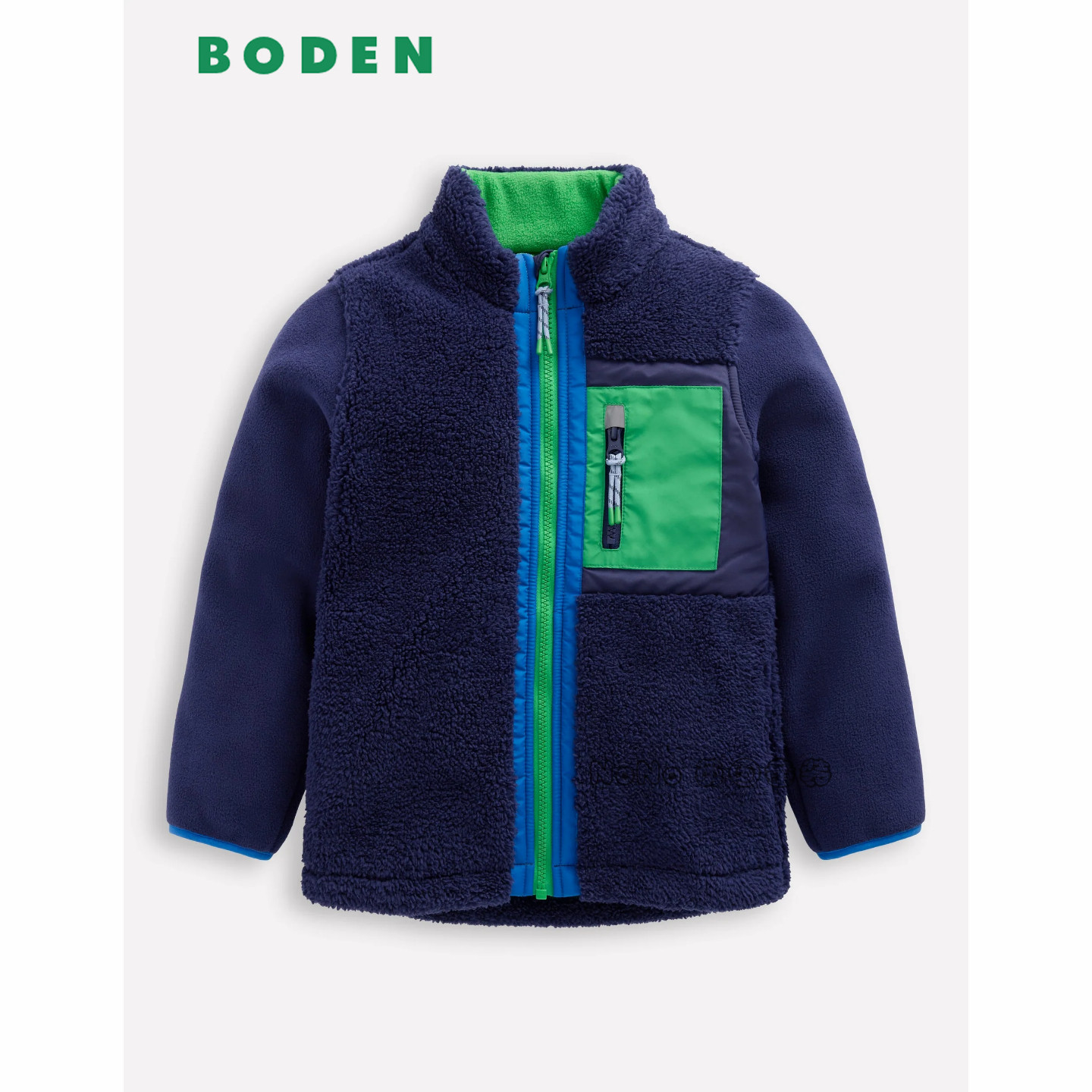 代购英国Mini BODEN男童蓝绿拼色外套羊羔毛棉服加厚2-14岁B3088