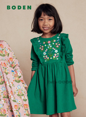 代购英国Mini Boden女童绿色碎花刺绣长袖连衣裙纯棉G5565-GRN