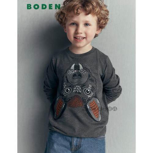 代购英国Mini BODEN男童夜光灰色蝙蝠长袖T恤纯棉2-12岁新款B3083