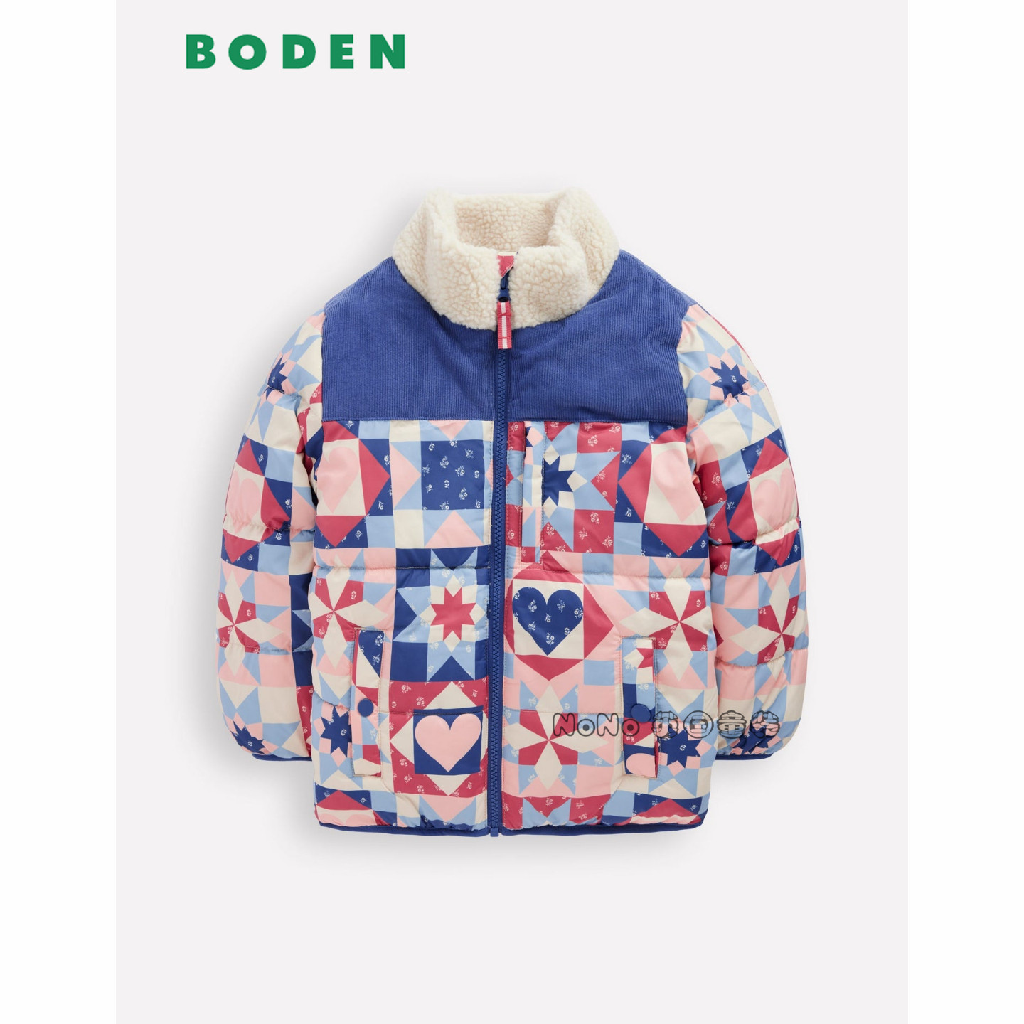 英国Mini BODEN女童粉蓝色几何外套立领棉服加厚棉衣2-12岁G5684