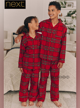 部分现货英国Next大童亲子红色格新年长袖家居服睡衣睡裤B24-748