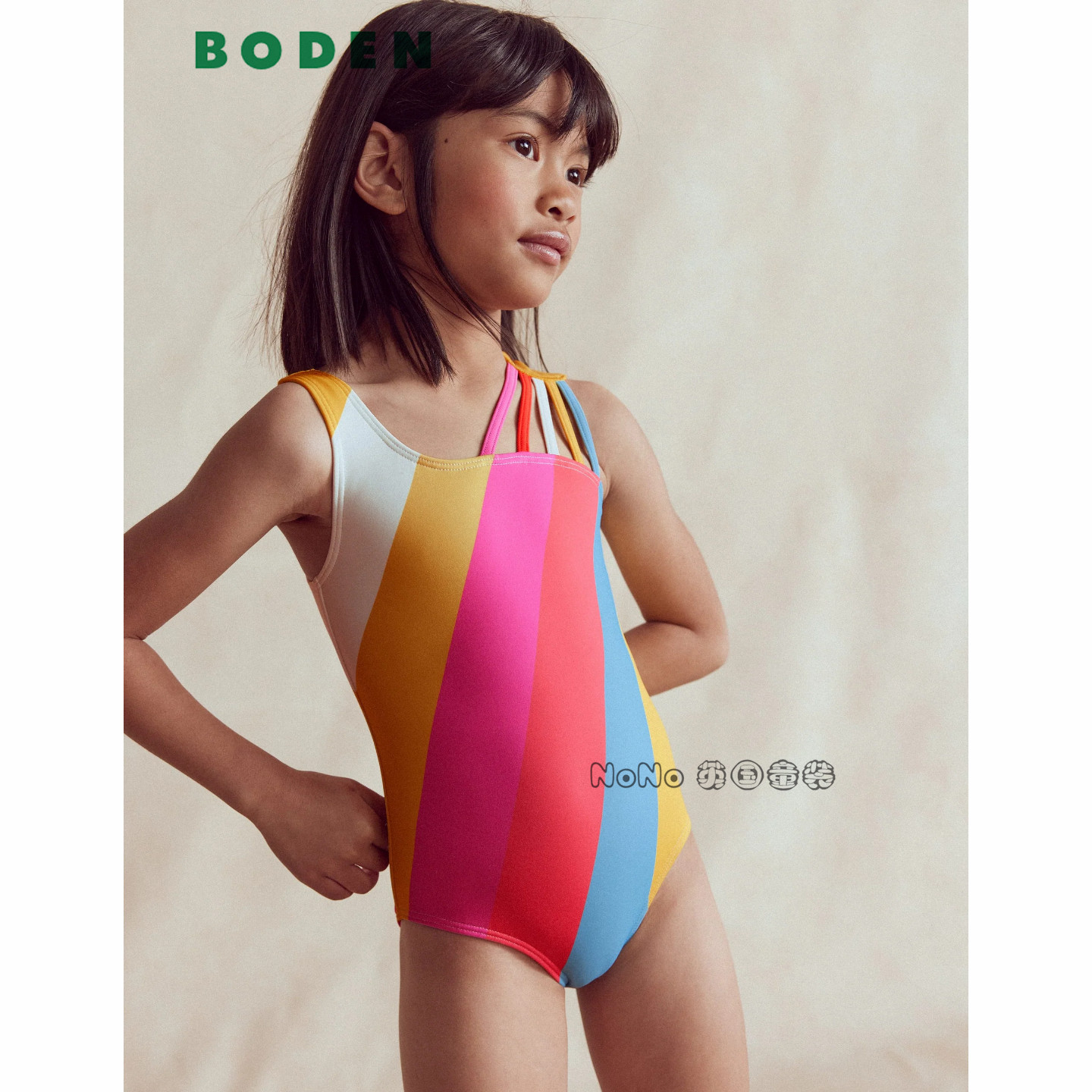 英国Mini BODEN正品彩虹条纹吊带连体泳衣温泉UPF50+2-14岁G6040