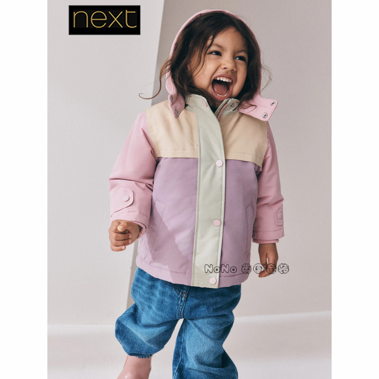 英国Next代购女童粉紫拼色防雨加厚棉服外套连帽1-7岁新款W13-379