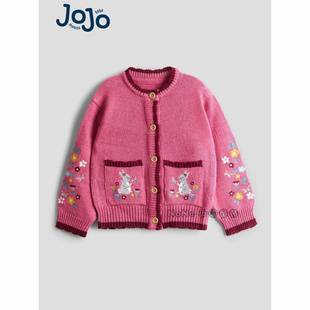 英国JoJo Maman Bebe女童粉色兔刺绣开襟毛衣针织衫1-7岁F78-898