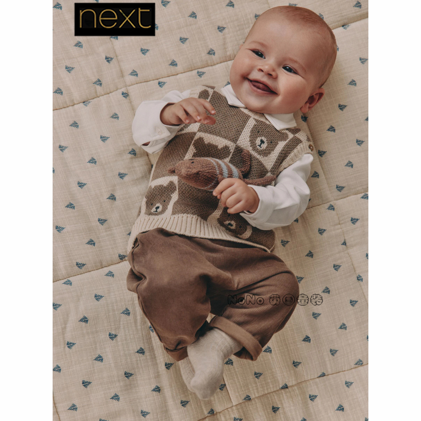 英国Next代购男婴儿衬衫小熊马甲针织长裤保暖套装0-2岁F24-936