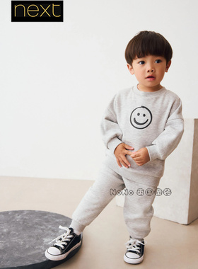 英国Next代购男童灰色笑脸卫衣格子卫裤运动休闲套装1-7岁F72-871