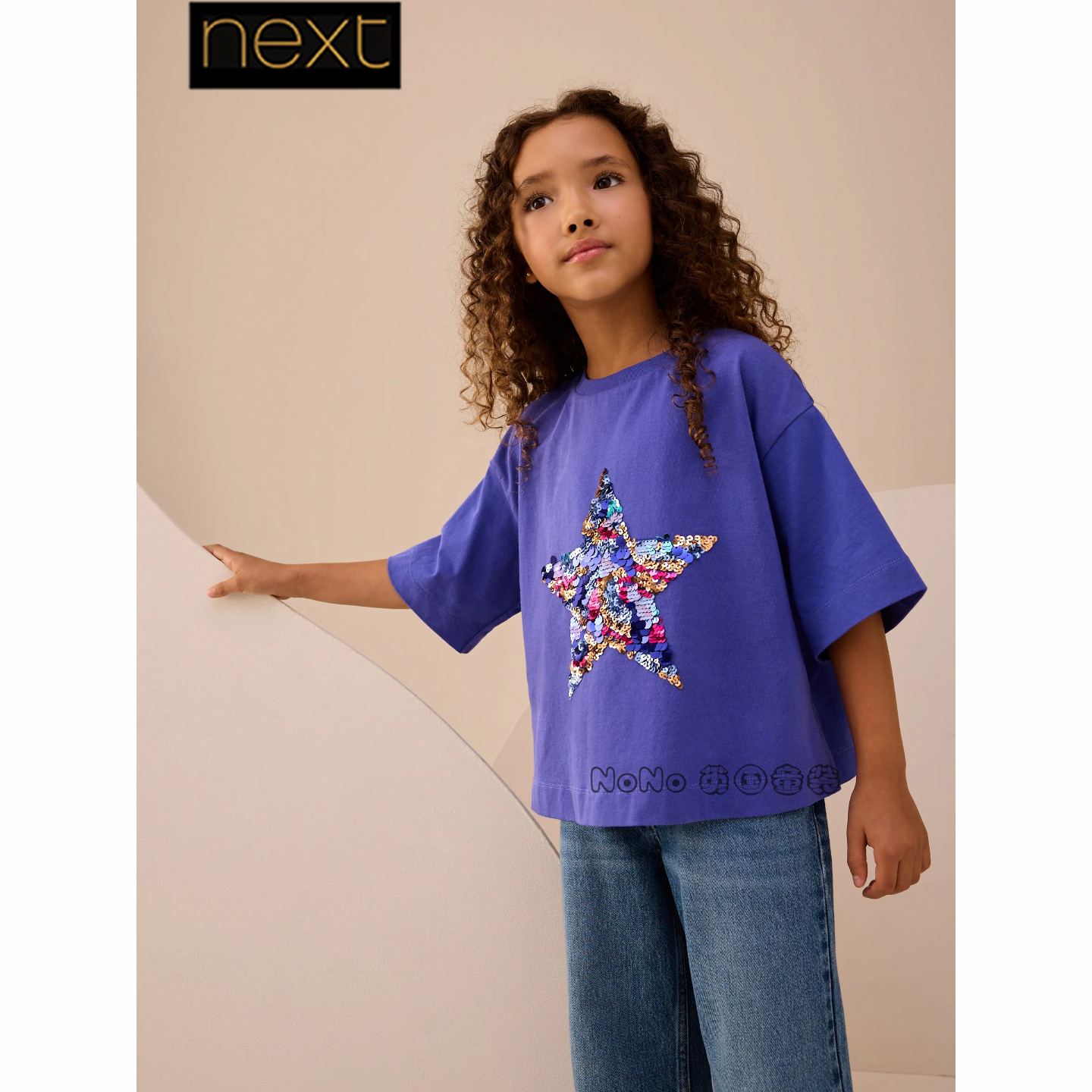 英国Next代购女大童亲子蓝色亮片星星短袖T恤纯棉3-16岁F69-687