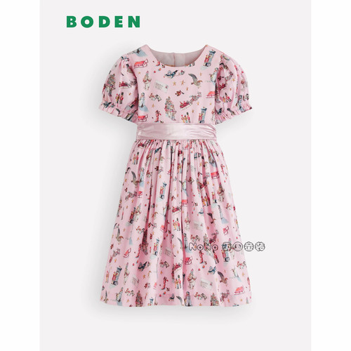 英国Mini Boden女童粉色小熊卡通印花短袖连衣裙礼服2-12岁G6167