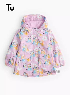 现货英国TU正品女童紫色花布鲁伊宾果风衣连帽拉链冲锋外套防风雨