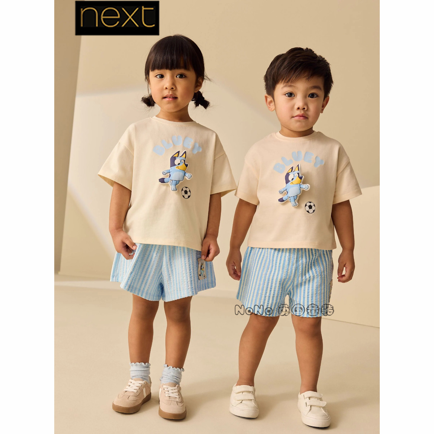 英国Next儿童3D布鲁伊足球短袖T恤条纹短裤套装全棉1-7岁Y11-198