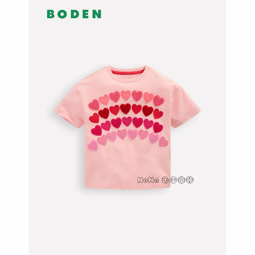 英国Mini BODEN女童粉红色爱心刺绣贴布短袖T恤全棉2-10岁G5920