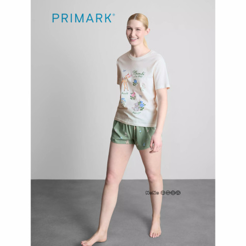 英国Primark女款成人大童小鹿斑比绿白短袖家居服睡衣裤新款全棉