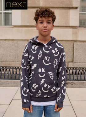 代购英国Next男大童灰色毛衣针织毛衫连帽3-16岁笑脸纯棉F23-157