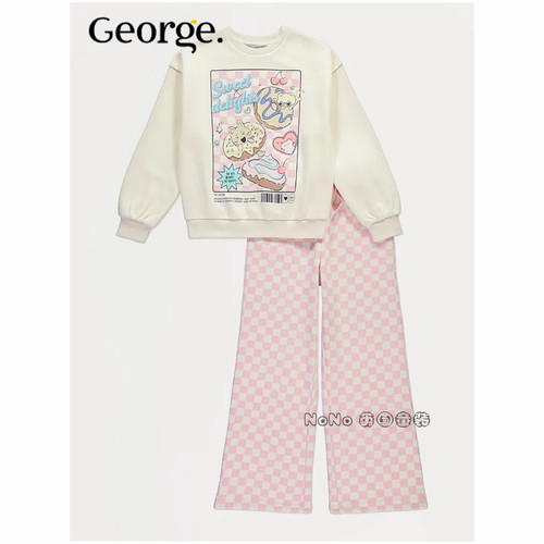 英国乔治George女大童粉色甜甜圈卫衣格子阔腿裤休闲套装1368231