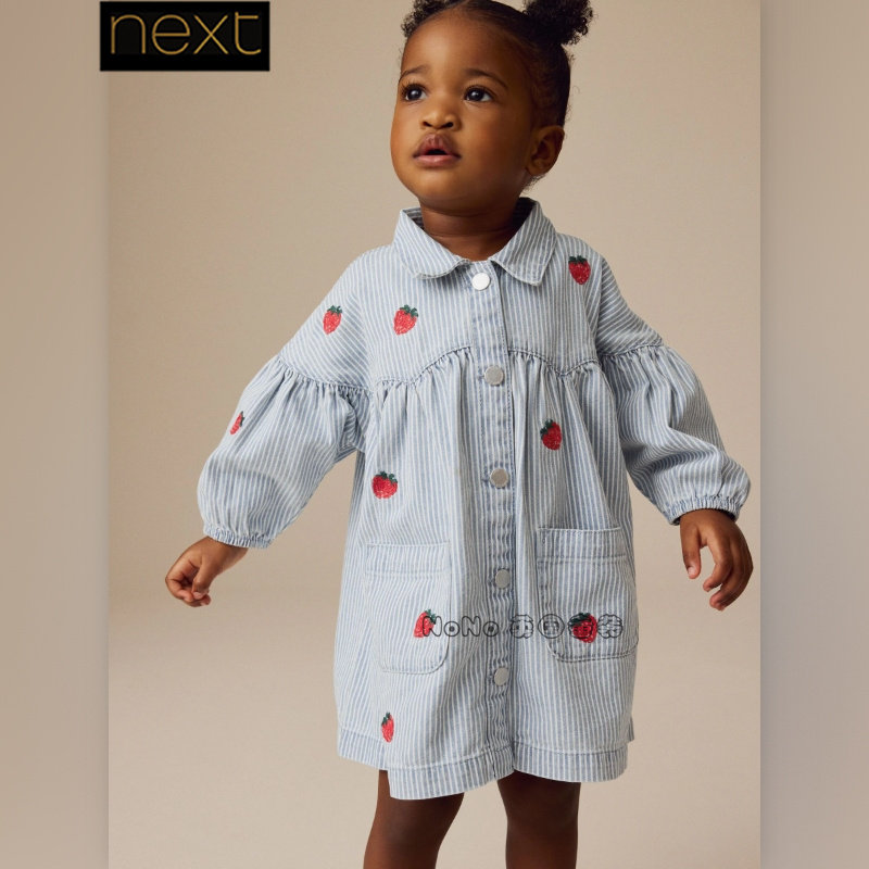 现货英国Next正品女童蓝色条纹草莓刺绣衬衫裙连衣裙纯棉E27-510