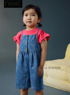 英国Next女童红色短袖T恤牛仔樱桃背带裤套装全棉新款H51-505