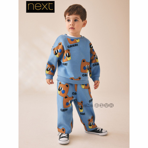 英国Next正品代购男童蓝色小熊卫衣卫裤休闲套装1-7岁新款V56-157