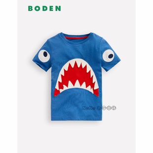 代购英国Mini BODEN男童蓝色鲨鱼刺绣圆领短袖T恤全棉2-10岁B3163