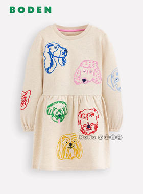 英国Mini Boden女童乳白色小狗刺绣卫衣长袖连衣裙纯棉G5501-OAT