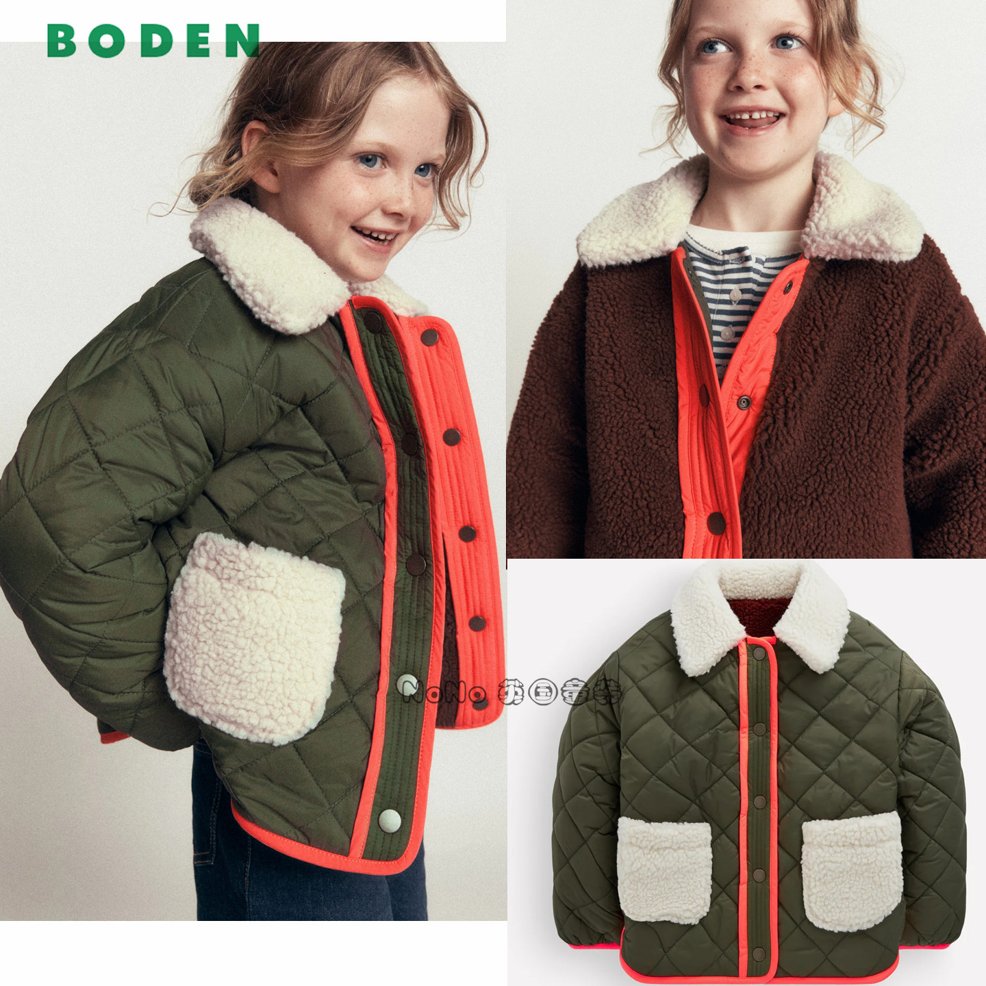 英国Mini BODEN女童棕绿色毛两面穿外套棉服棉衣2-14岁新款G6107