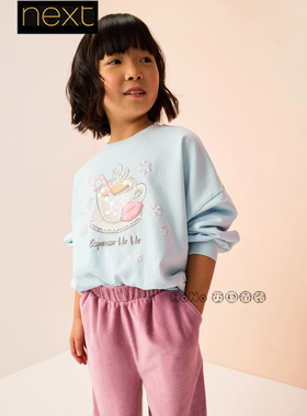 英国Next女大童亲子浅蓝色咖啡杯长袖T恤运动纯棉3-16岁F69-676