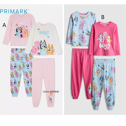 现货英国Primark儿童布鲁伊粉白蓝色宾果纯棉长袖家居服睡衣秋裤