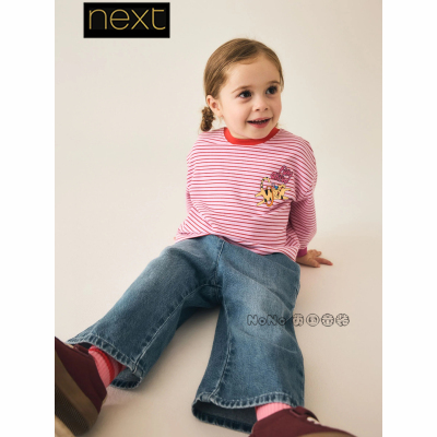 英国Next正品代购女童粉色小猫条纹长袖T恤全棉1-7岁新款G40-600