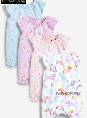 现货英国Next正品新生儿紫色粉色独角兽彩虹连体衣纯棉4件D00-934