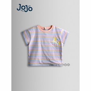 英国Jojo Maman Bebe女童紫色条纹独角兽刺绣短袖T恤全棉Y16-456