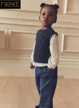 现货英国Next正品女童蓝色针织马甲假2件衬衫牛仔裤套装B66-403