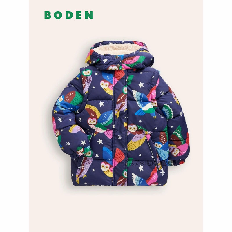 现货英国Mini BODEN儿童蓝色猫头鹰外套棉服加厚三合一可拆马甲