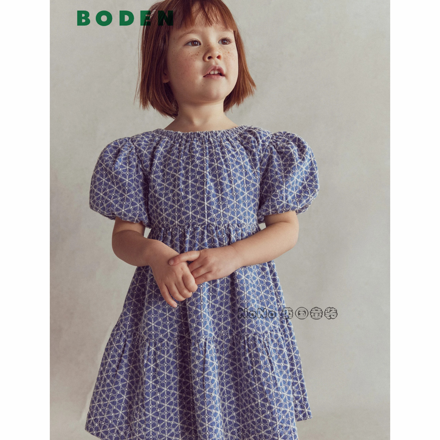 英国Mini Boden女童蓝色花朵灯笼袖全棉连衣裙礼服2-12岁G5935