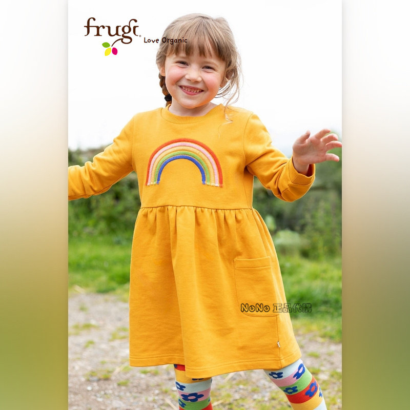 英国Frugi代购有机棉女中童彩虹刺绣黄色连衣裙长袖E74-370