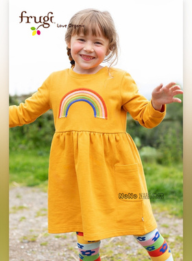 英国Frugi代购有机棉女中童彩虹刺绣黄色连衣裙长袖E74-370