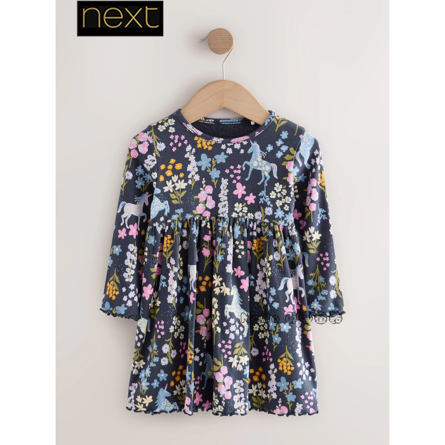 英国Next代购女童深蓝色独角兽碎花连衣裙长袖1-7岁春秋H96-941