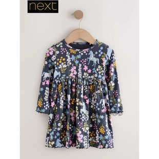 英国Next代购女童深蓝色独角兽碎花连衣裙长袖1-7岁春秋H96-941