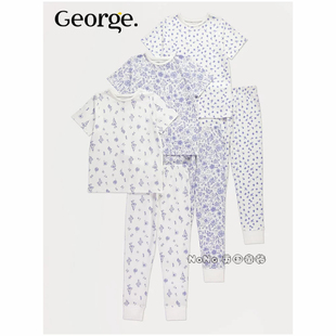 英国乔治George女大童款蓝白色碎花短袖家居服睡衣裤全棉1390321