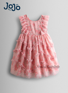 英国JoJo Maman Bebe女童粉色碎花网纱礼服连衣裙全棉内衬V00-497