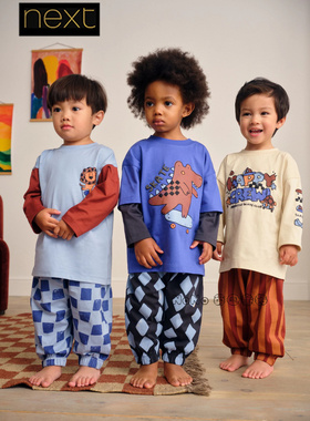 英国Next男童蓝色恐龙老虎家居服睡衣宽松裤1-10岁纯棉AR6-054