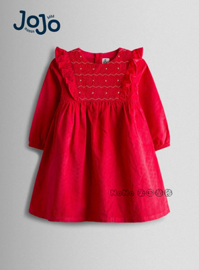 英国JoJo Maman Bebe女童新年红色礼服打揽刺绣连衣裙纯棉H15-861