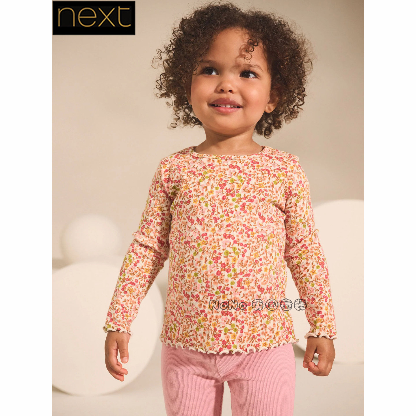 英国Next正品代购女童纯棉粉橙色小碎花长袖T恤打底衫螺纹AP5-317
