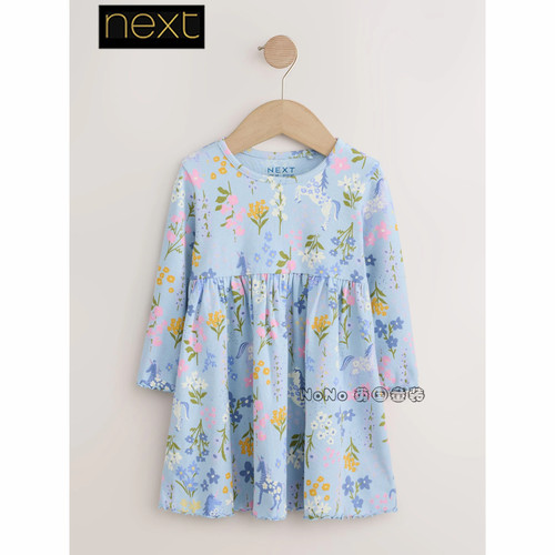 英国Next正品女童浅蓝色独角兽碎花长袖连衣裙1-7岁新款346-599